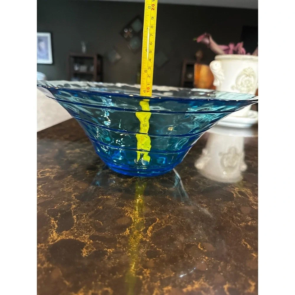 Turquoise Blue Glass Decorative Bowl Wavy Rim Textured Centerpiece 11.5 Inch